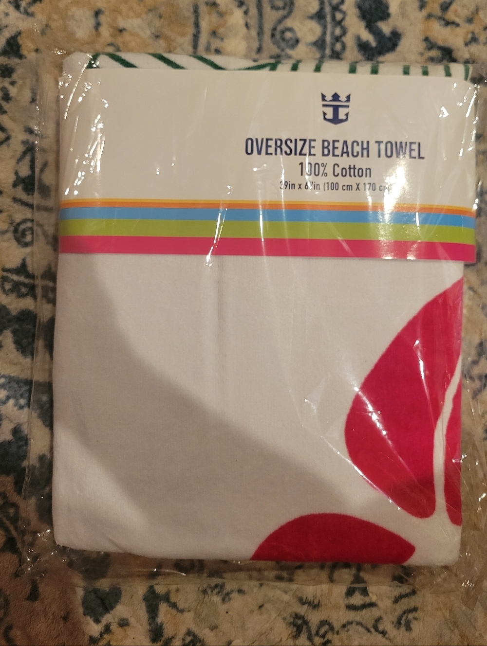 NWT,Oversized Beach Towel 100%Cotton The Royal Caribbean with Bright Pink Accent